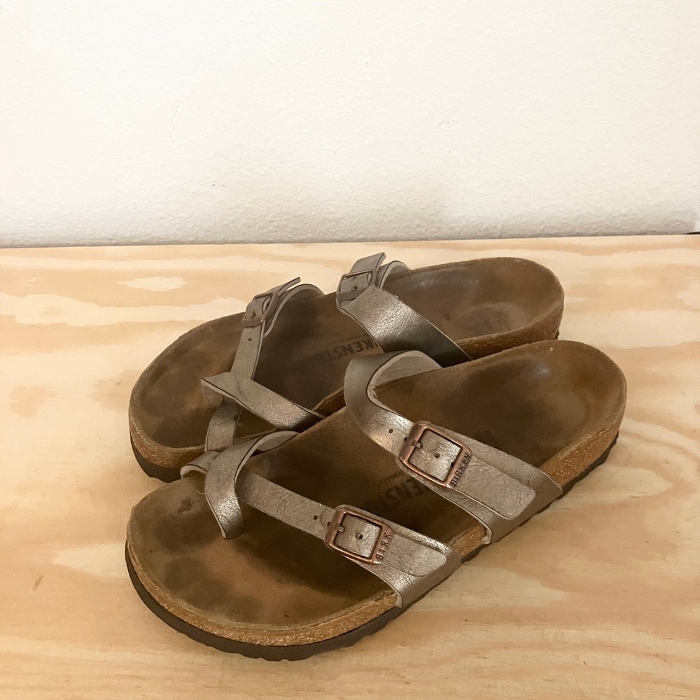 Birkenstock Sandals Womens 37 Silver Mayari Toe Loop Birko-Flor Comfort Strappy
